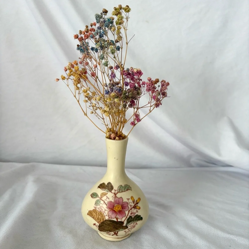 Vintage ceramic handmade painted floral vase gilded gold home decor cream